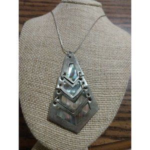 Vintage Mexico Mother Of Pearl Chevron Statement Necklace Alpaca long chain 18kp